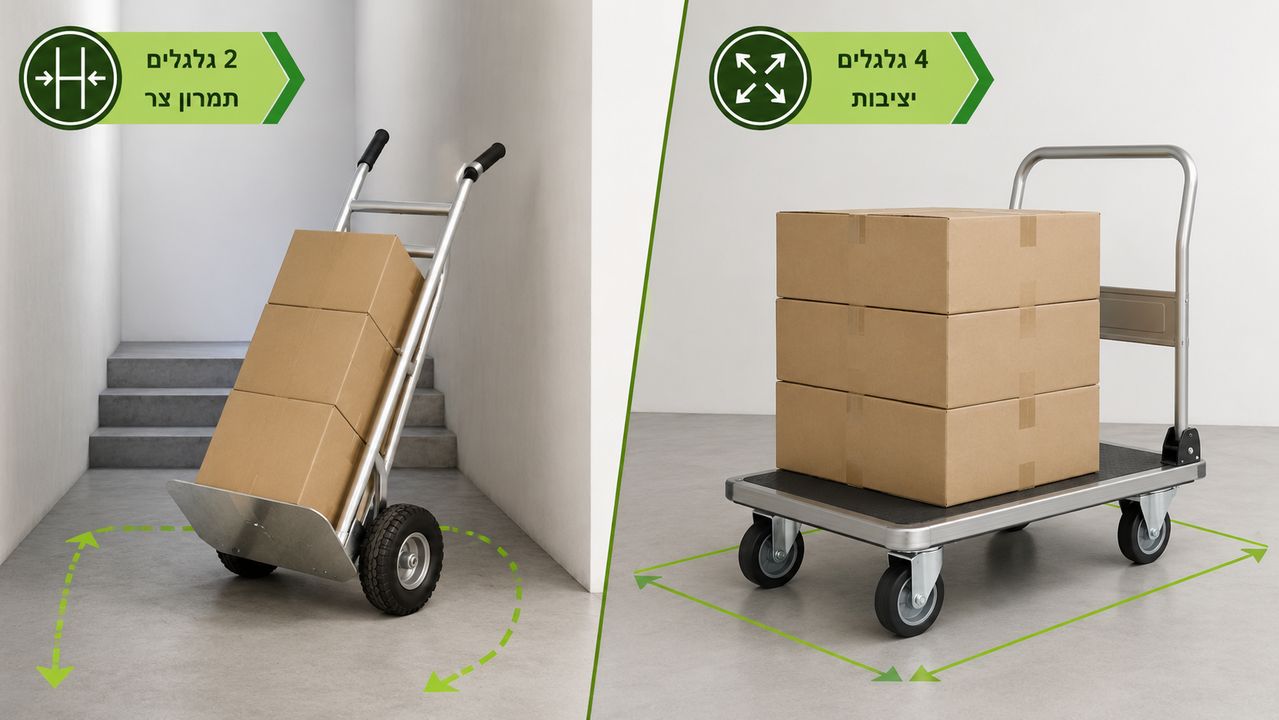 ההבדל בין עגלת 2 גלגלים לעגלת פלטפורמה 4 גלגלים