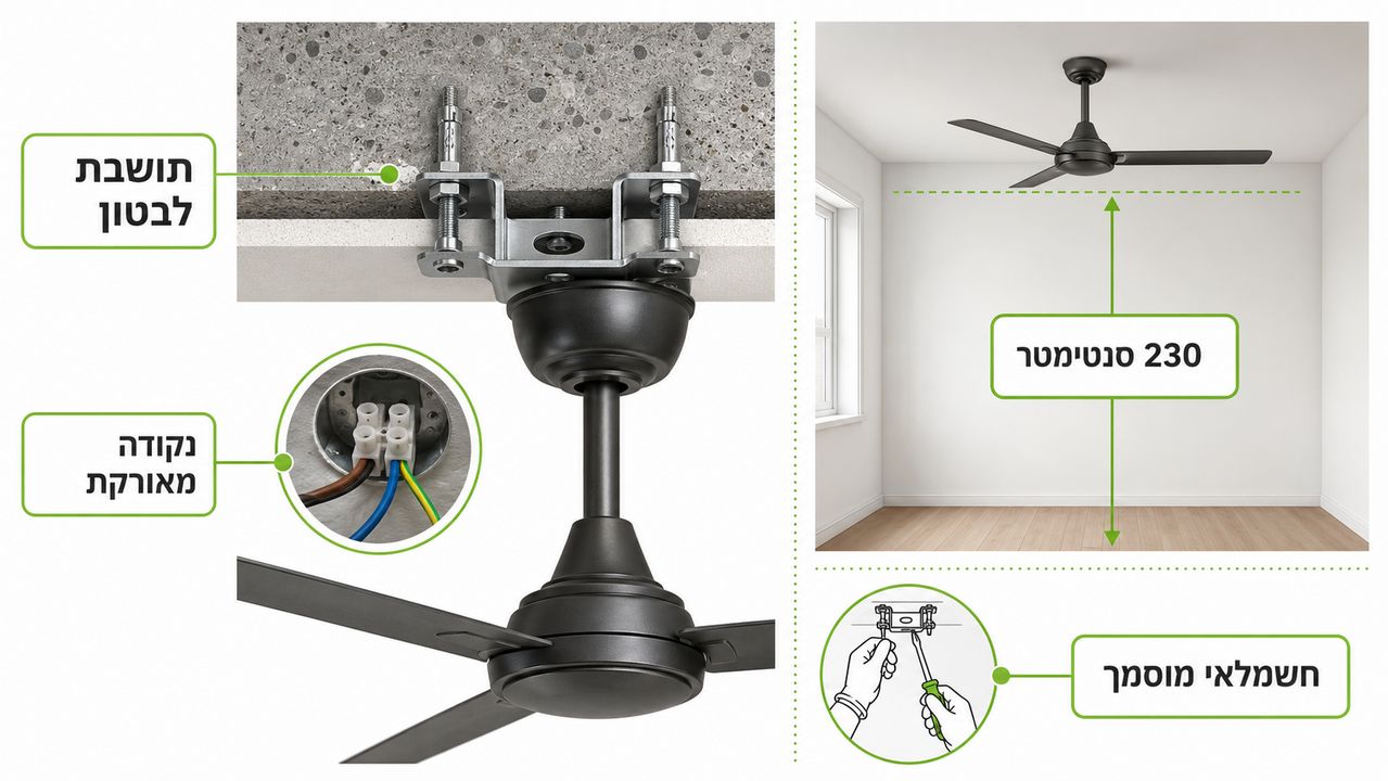 התקנת מאוורר תקרה בידי חשמלאי מוסמך