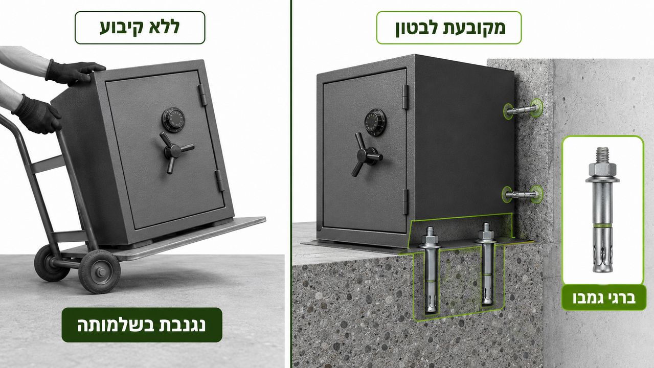 כספת מקובעת לרצפת בטון באמצעות ברגי ג'מבו
