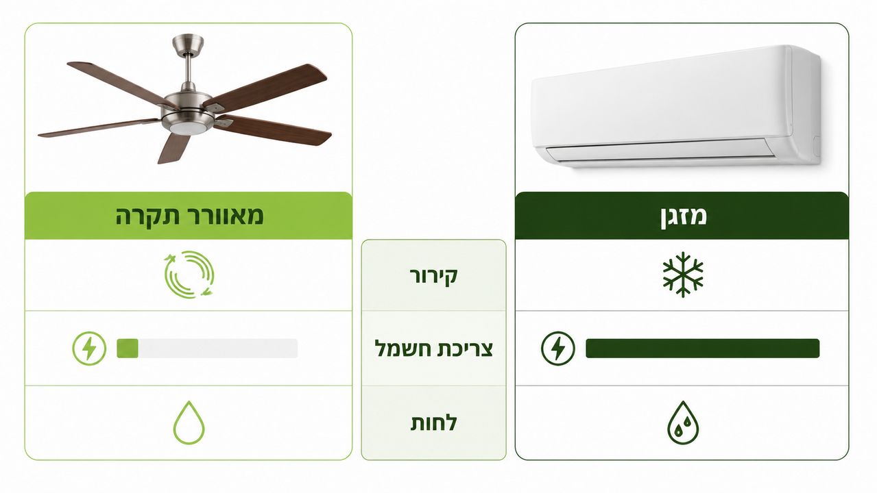טבלת השוואה מהירה בין מאוורר תקרה למזגן