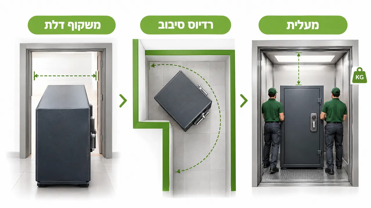 בדיקת מידות להובלת כספת דרך דלת, מסדרון ומעלית