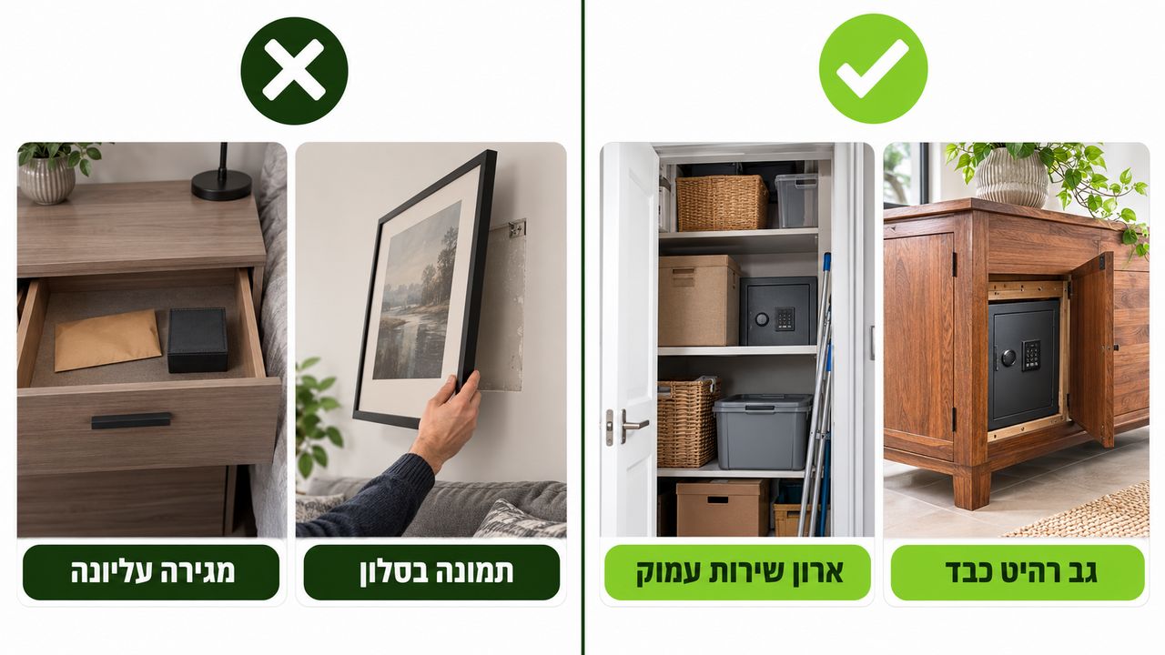מקומות מומלצים ומקומות שכדאי להימנע מהם להסתרת כספת בבית