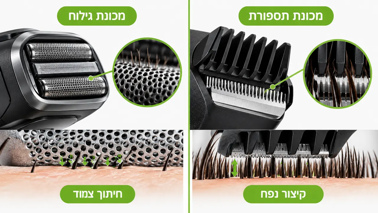 מכונת גילוח לצד מכונת תספורת ועיצוב זקן